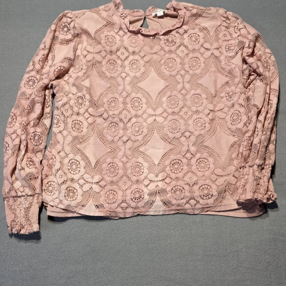 Ultra Pink Crotchet Lace Detail Mock Neck Ruffle Long Sleeve XL EUC PTP 23 - Picture 2 of 5